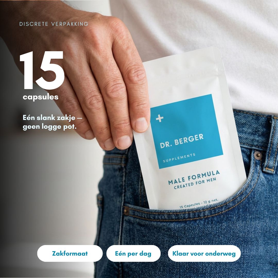 Een pak Dr. Berger Male Formula met twee capsules ernaast, op blauwe achtergrond.