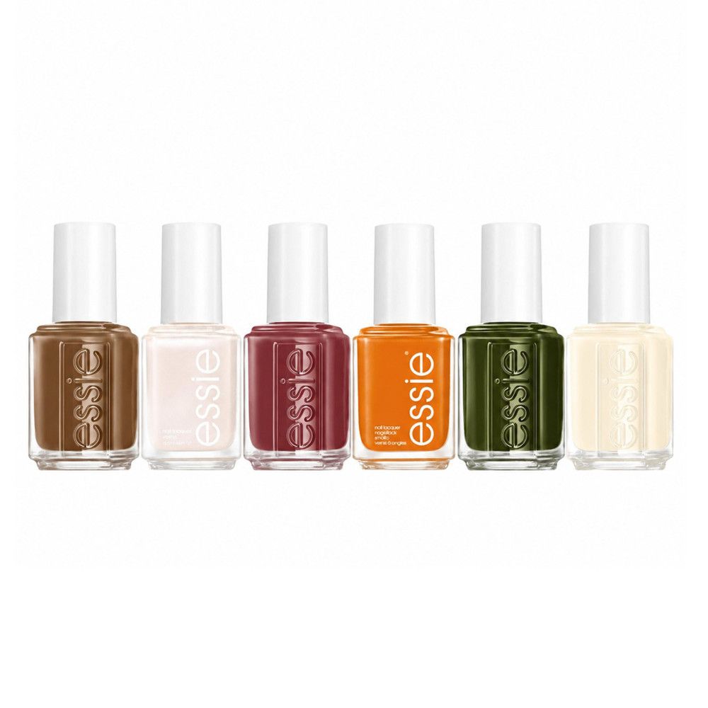 Six flacons de vernis à ongles Essie dans des tons marron, crème, rouge, orange, vert et beige.