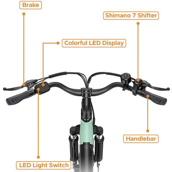 Gros plan sur le guidon d'un vélo électrique. Étiquettes: frein, Shimano 7 vitesses, interrupteur d'éclairage LED, guidon, écran LED couleur.