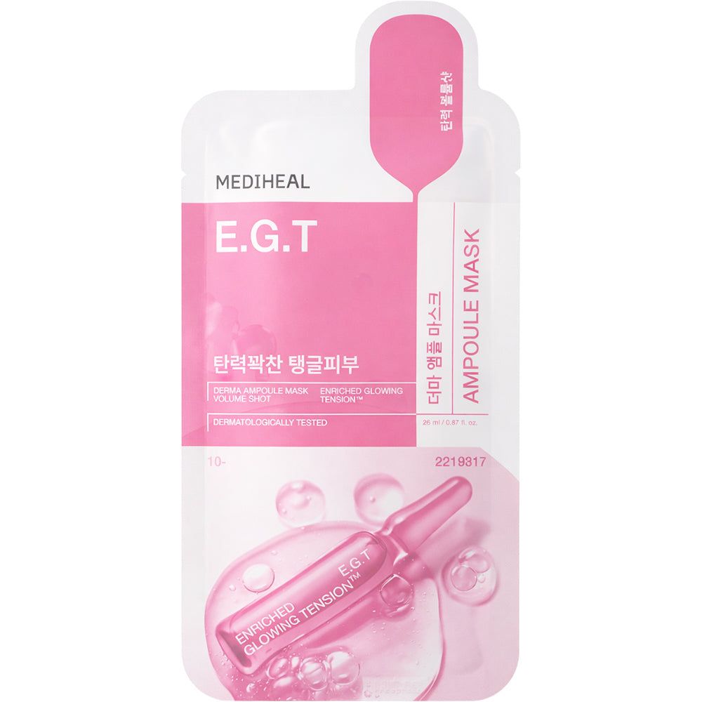 Roze MEDIHEAL Derma Ampoule Tuchmaske E.G.T. verpakking met ampul. Tekst: E.G.T, Ampoule Mask, Enriched Glowing Tension.