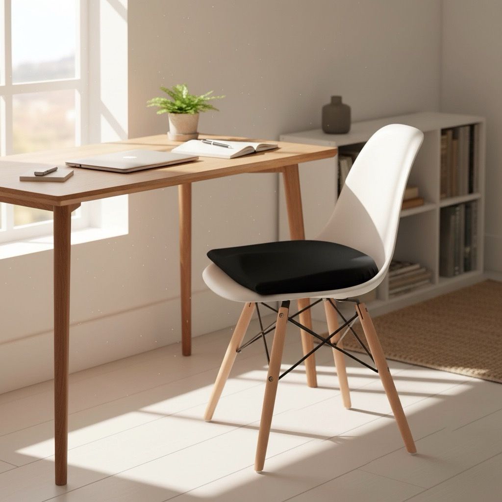 Coussin de siège noir en forme de coin sur une chaise. Table avec ordinateur portable et plante.