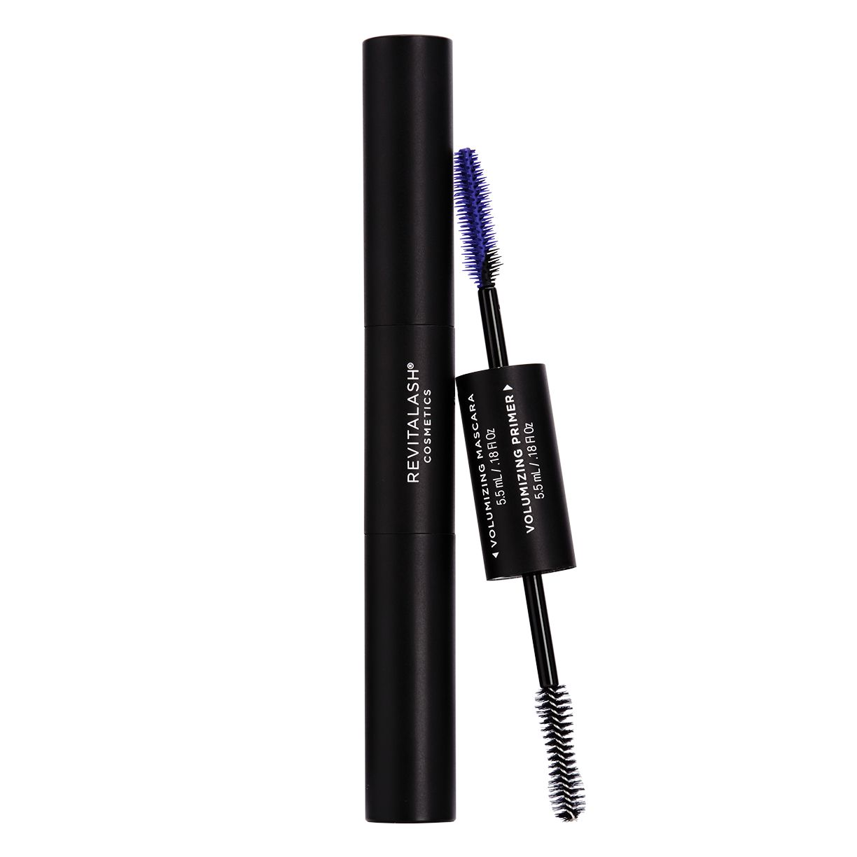 Mascara et primer double-ended noirs. Brosse bleue pour le primer, noire pour le mascara.