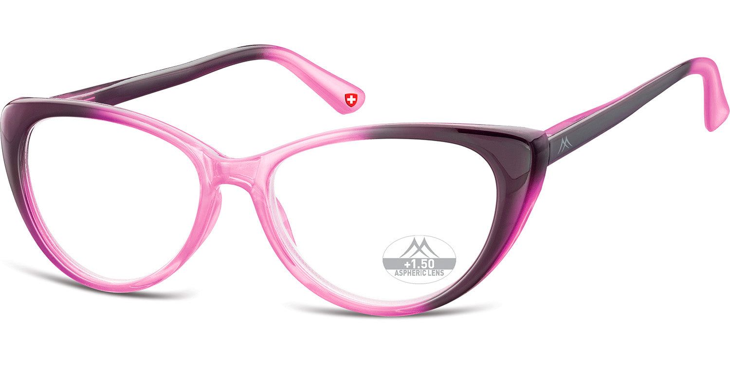 Roze bril met paarse accenten. Logo en Zwitsers kruis zichtbaar.