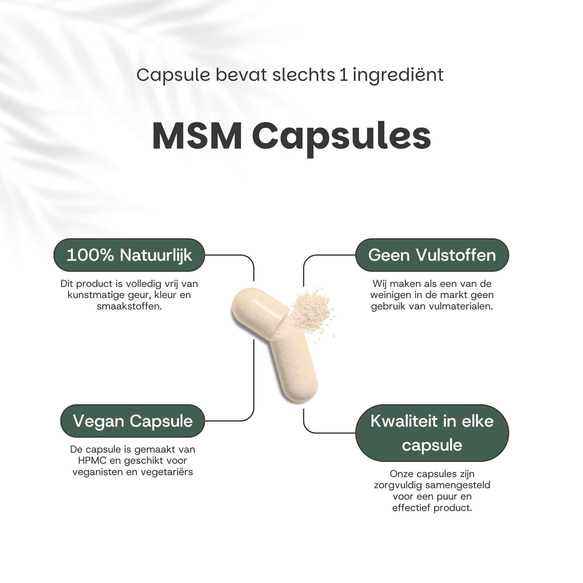 Twee MSM-capsules en poeder. Tekst: 100% natuurlijk, geen vulstoffen, vegan capsule, kwaliteit in elke capsule.