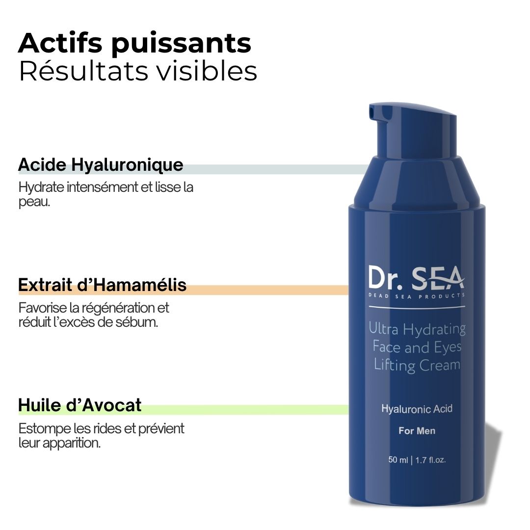 Flacon de crème bleu avec texte. Inscription : Dr. SEA, Ultra Hydrating Face and Eyes Lifting Cream. Ingrédients.