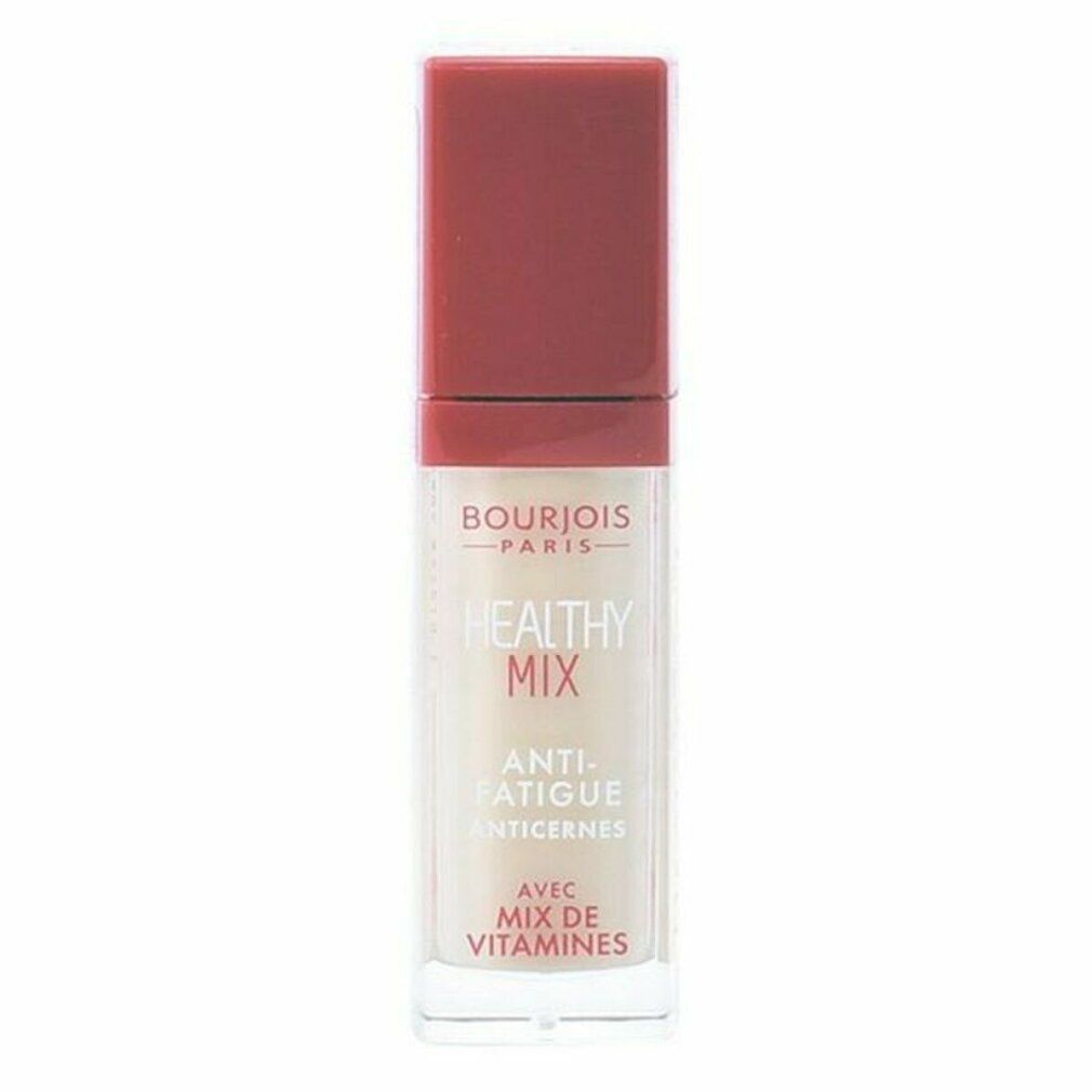 Correcteur Bourjois Healthy Mix. Bouchon rouge, flacon transparent. Inscription: Healthy Mix, Anti-Fatigue, Avec Mix de Vitamines.
