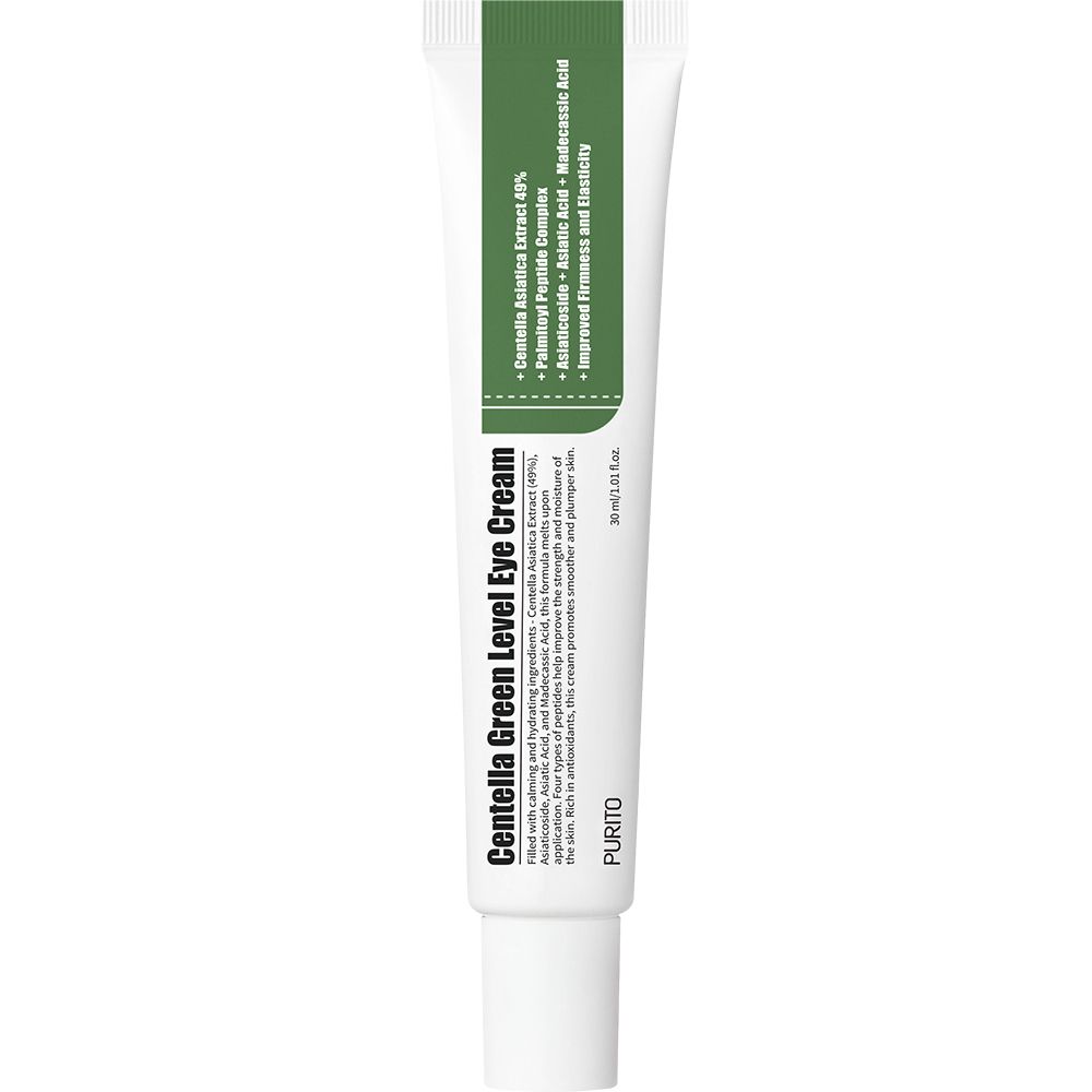 Witte tube met groene dop en groene tekst. Tekst: Centella Green Level Eye Cream. Ingrediënten en merk PURITO.