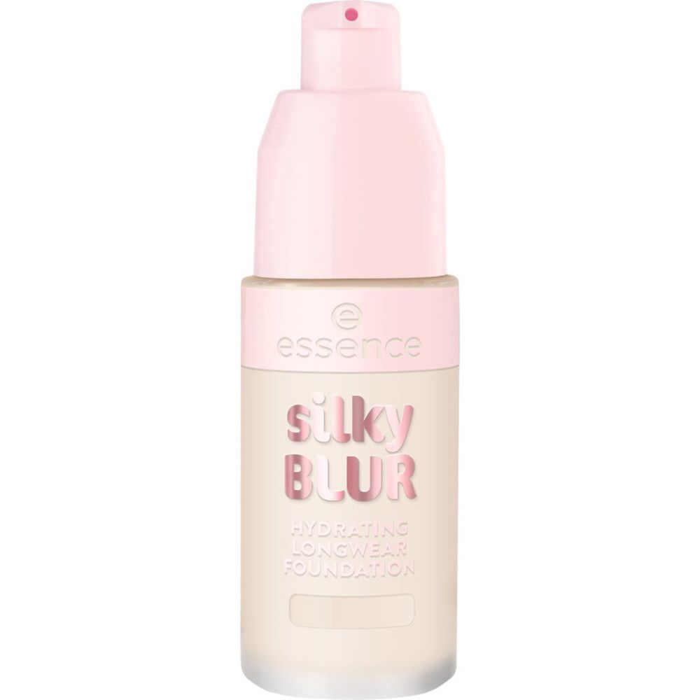 Foundationfles met roze dop en pompmechanisme. Opschrift: Silky Blur, Hydrating Longwear Foundation. Merk: Essence.
