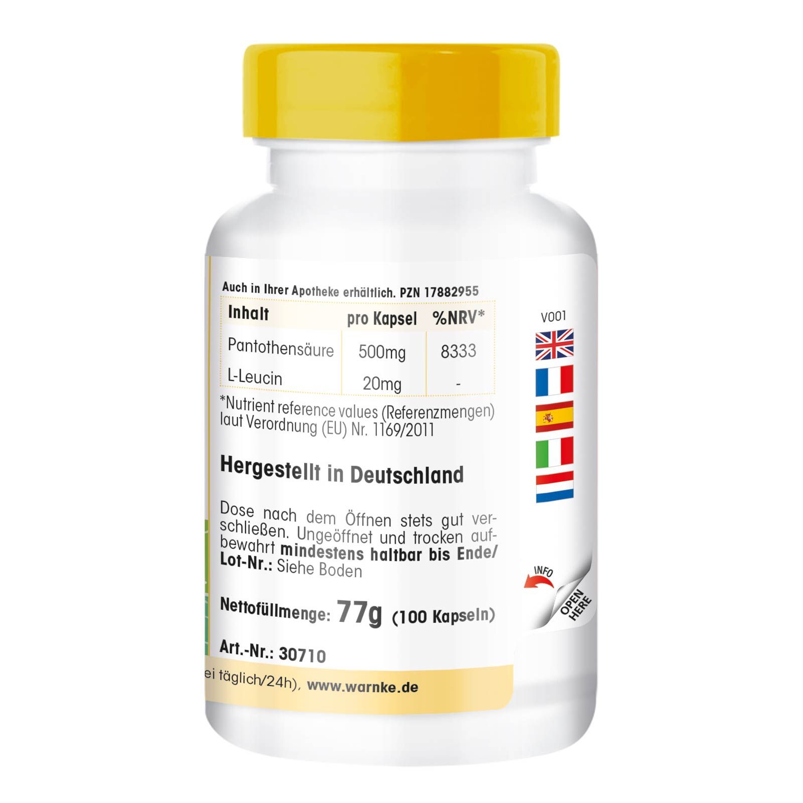 Witte fles met gele dop. Tekst: Pantotheenzuur 500mg, L-Leucine 20mg. Netto gewicht: 77g (100 capsules). Gemaakt in Duitsland.