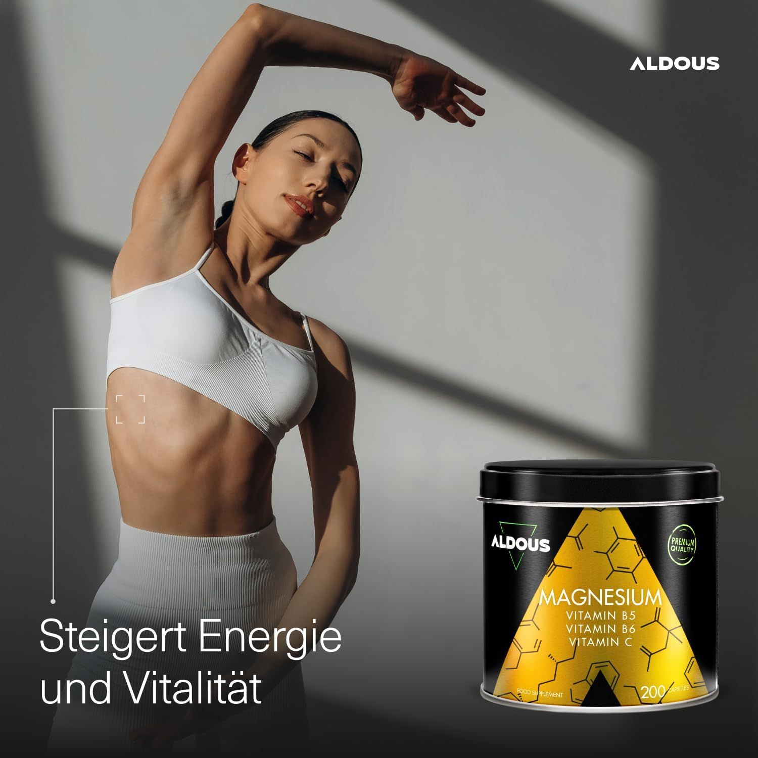 Femme s'étire. Le citrate de magnésium Aldous augmente l'énergie et la vitalité. Boîte avec formules de magnésium.