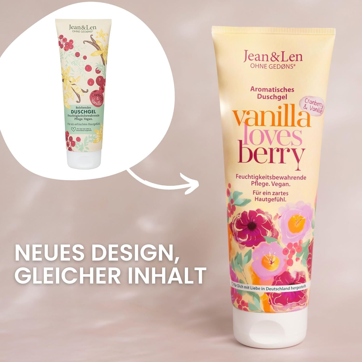 Tube met douchegel, tekst: Aromatische douchegel, Vanilla loves Berry. Nieuw design, zelfde inhoud. Vergelijking met oud design.