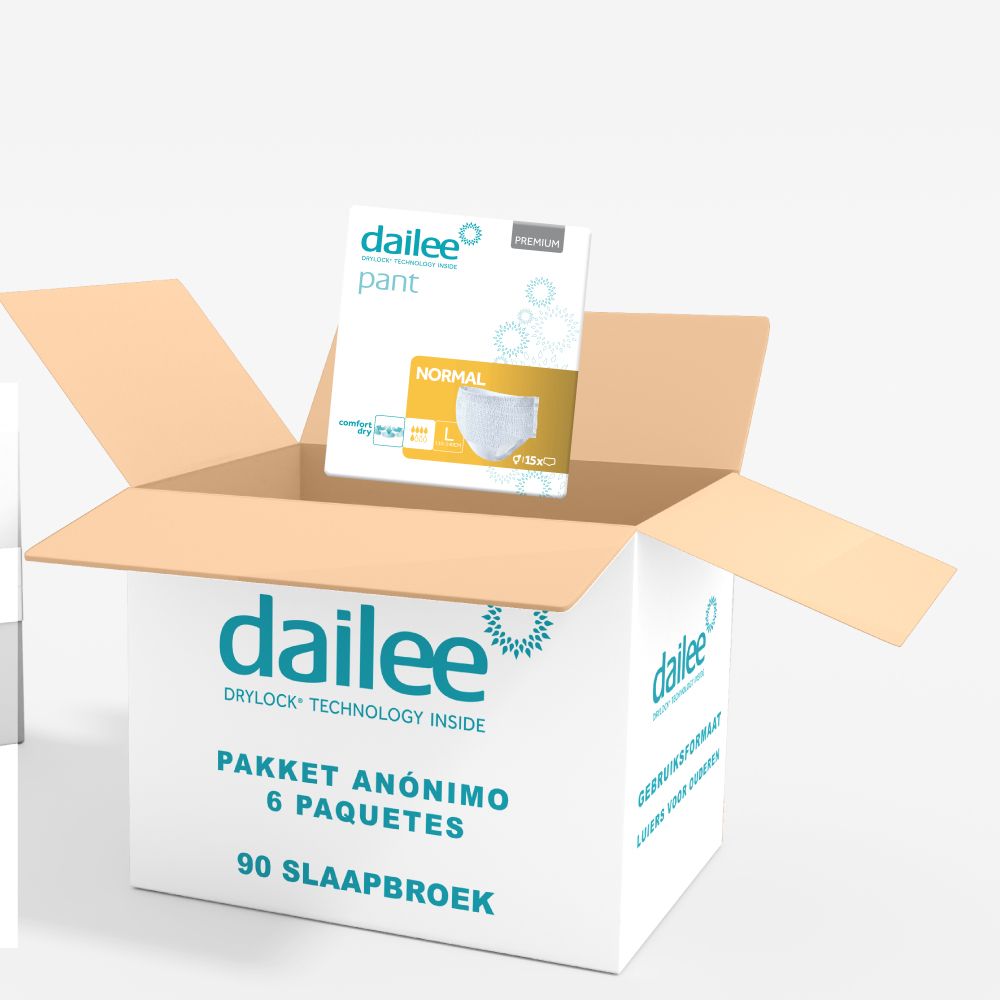 Dailee Pants verpakking in een doos. Bevat 6 pakken van 90 slaapbroeken.