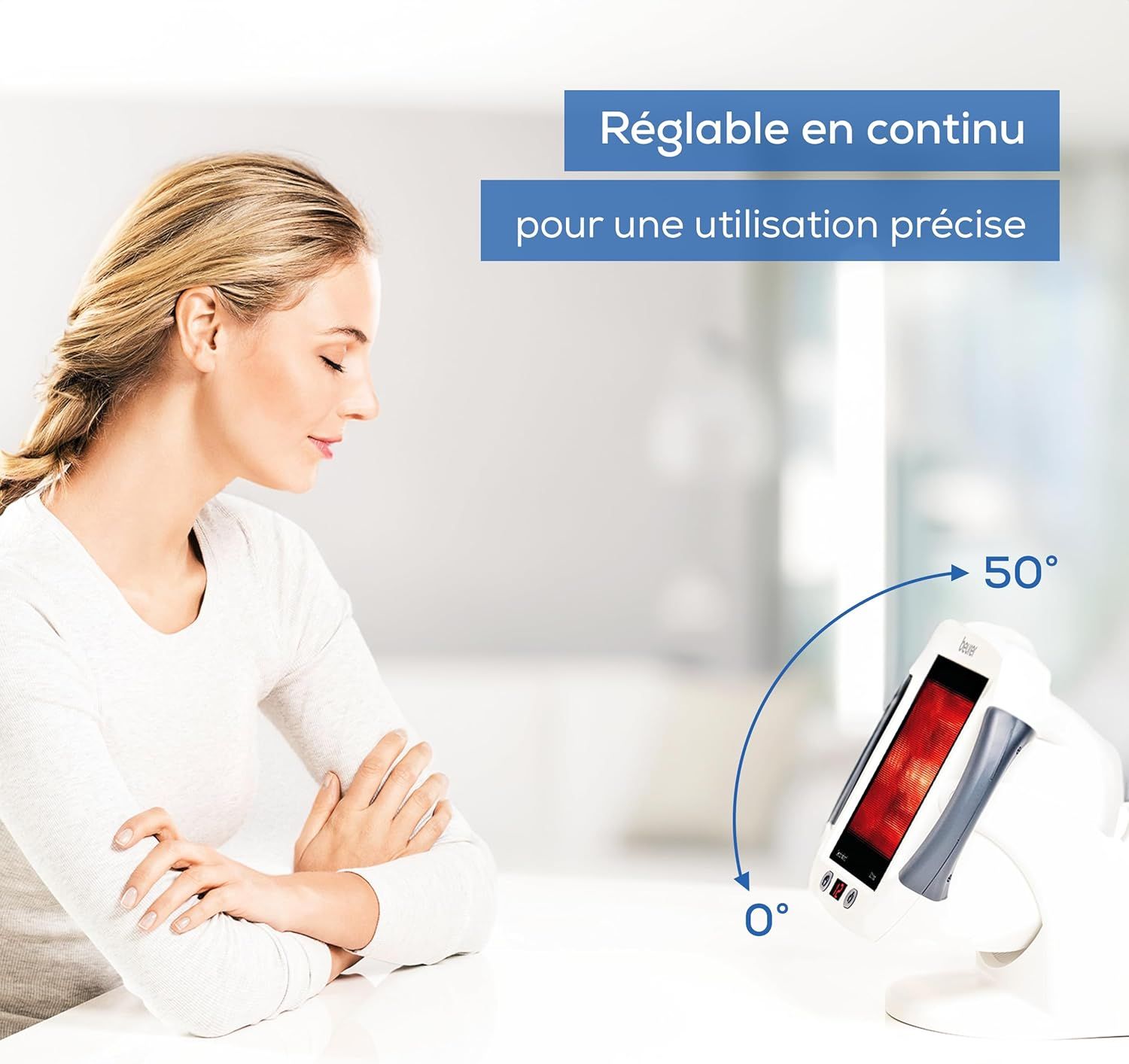 Un appareil blanc avec élément chauffant rouge, réglable de 0° à 50°.