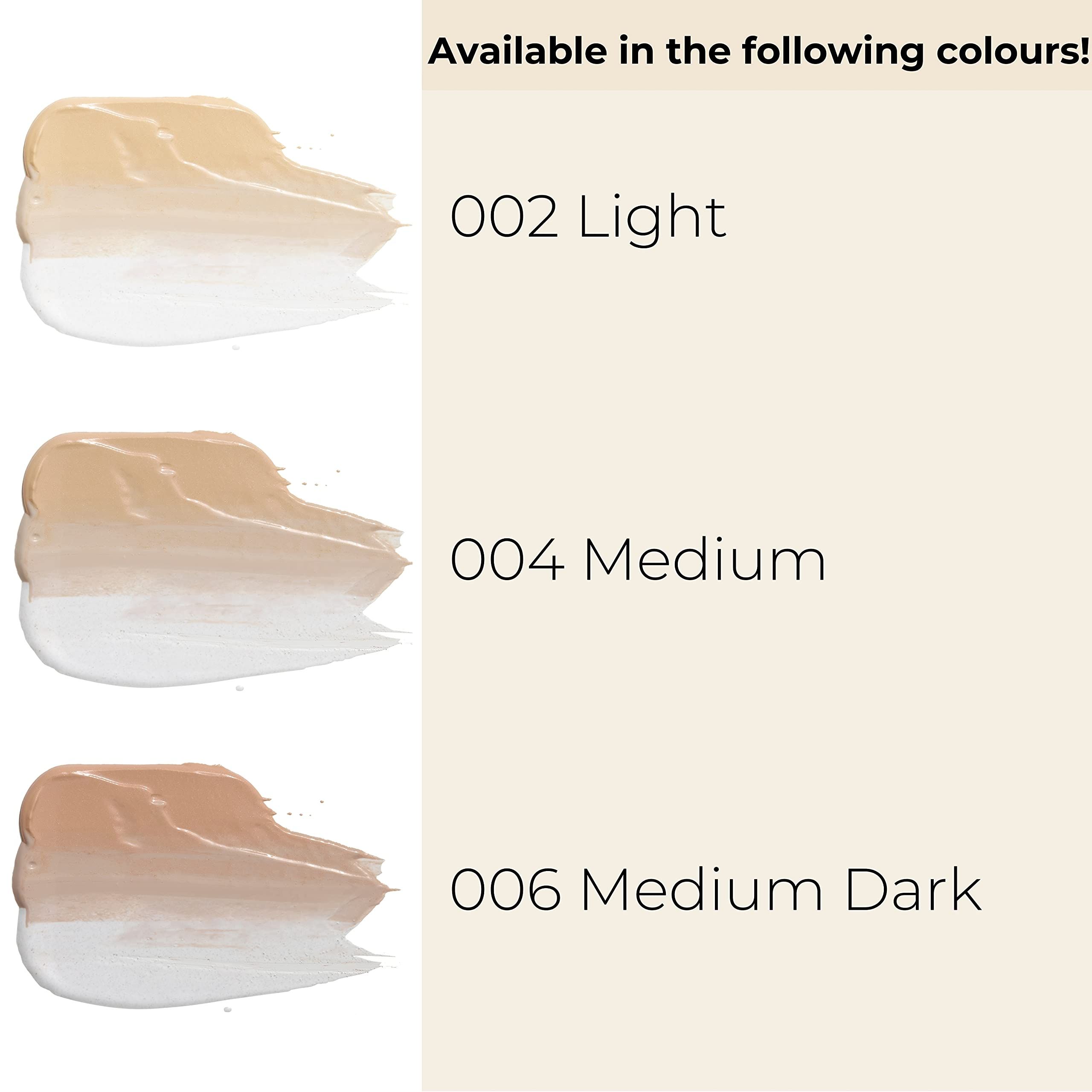 Gosh Chameleon Foundation: kleursamples tinten 002 Light, 004 Medium, 006 Medium Dark.