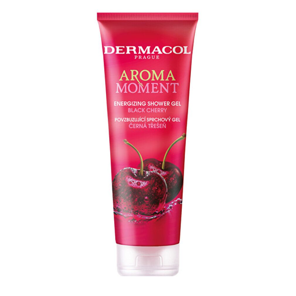 Tube rouge avec cerises. Inscription: Dermacol Aroma Moment Energizing Shower Gel Black Cherry.