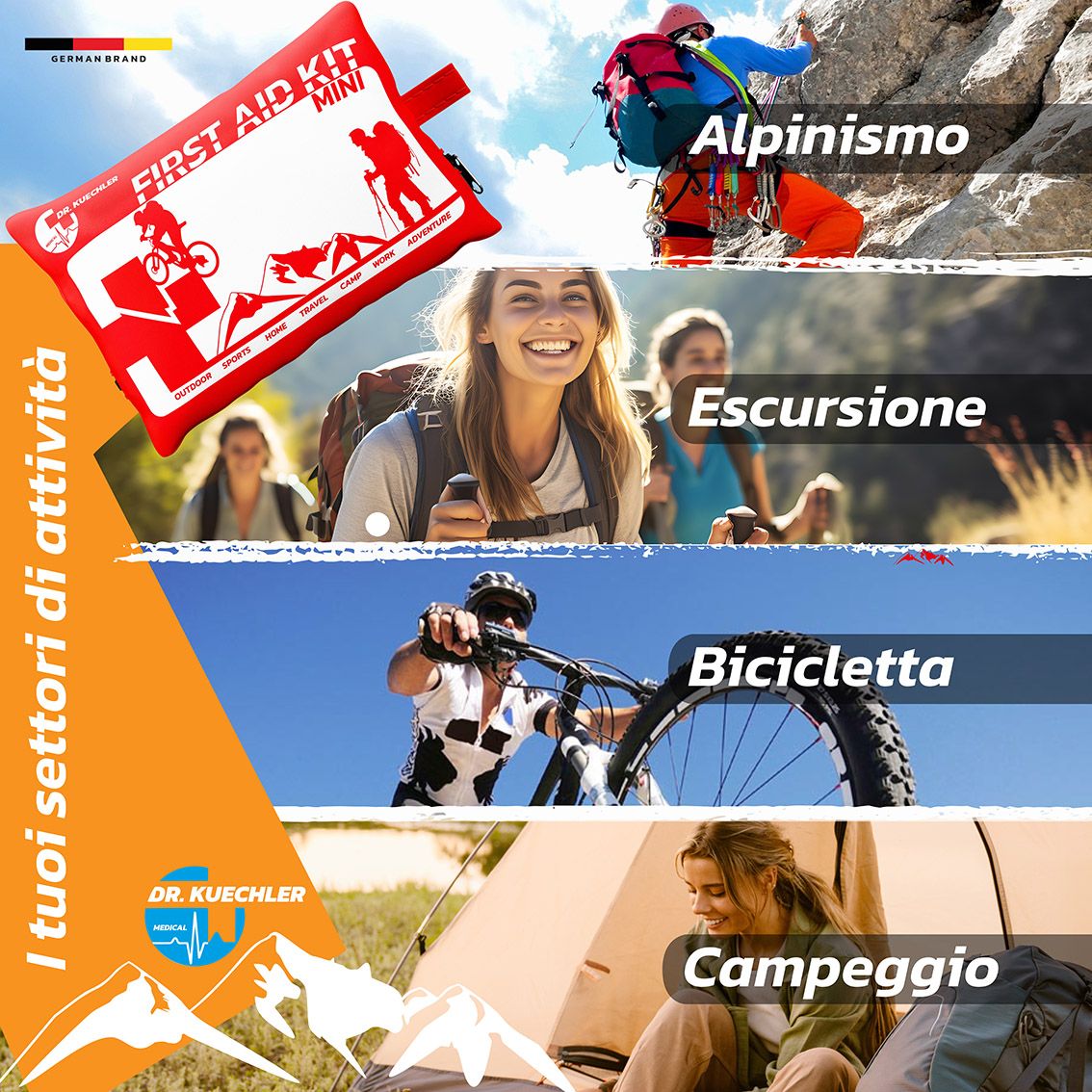 Trousse de premiers secours rouge avec impression : First Aid Kit Mini. Scènes : Alpinisme, randonnée, vélo, camping.