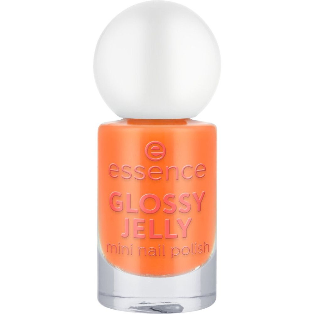 Compacte nagellakfles, oranje. Witte dop. Opschrift: Glossy Jelly, Mini Nail Polish.