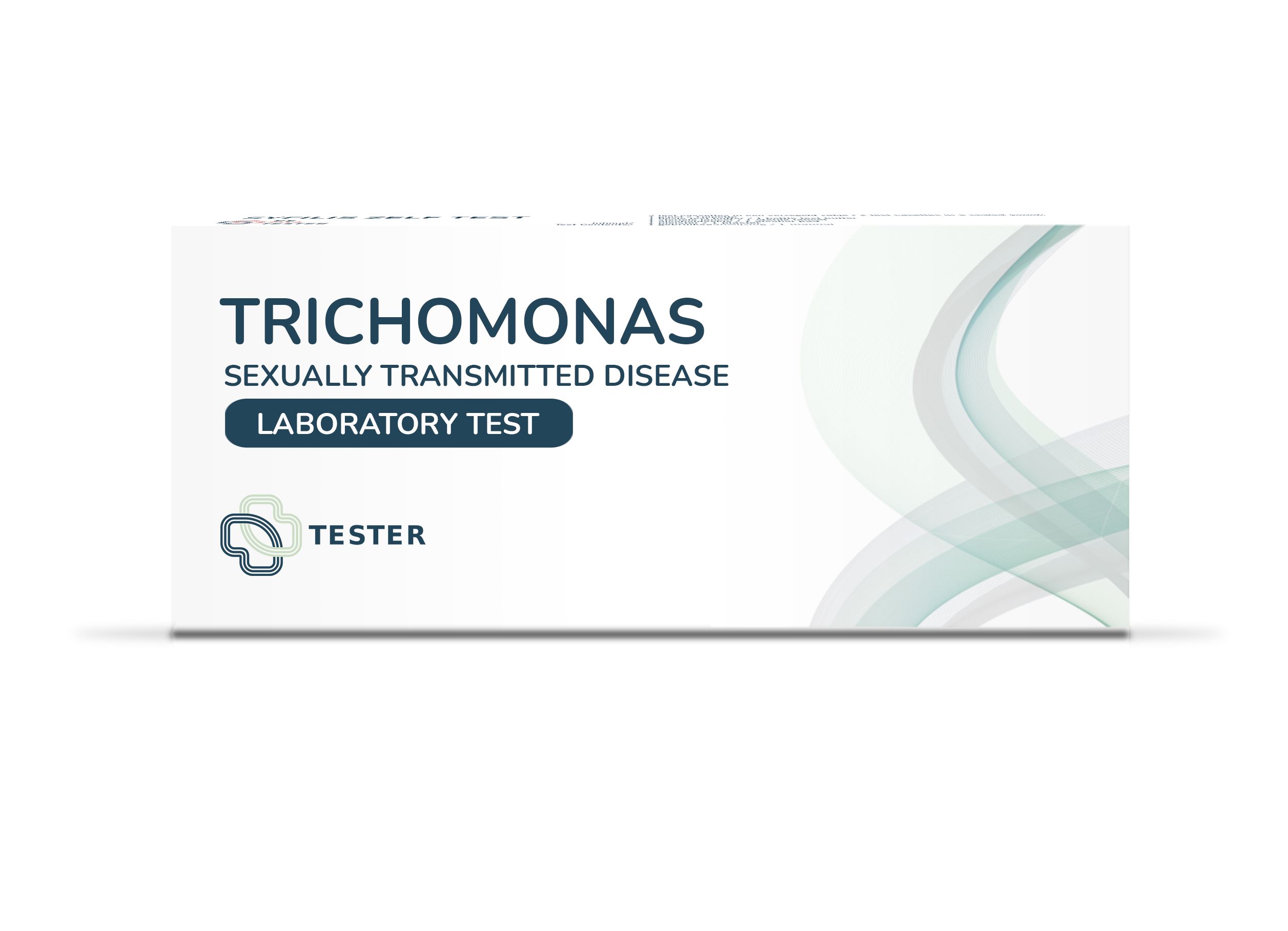 Boîte blanche avec texte "Trichomonas, maladie sexuellement transmissible, test de laboratoire". Logo et texte "Tester".