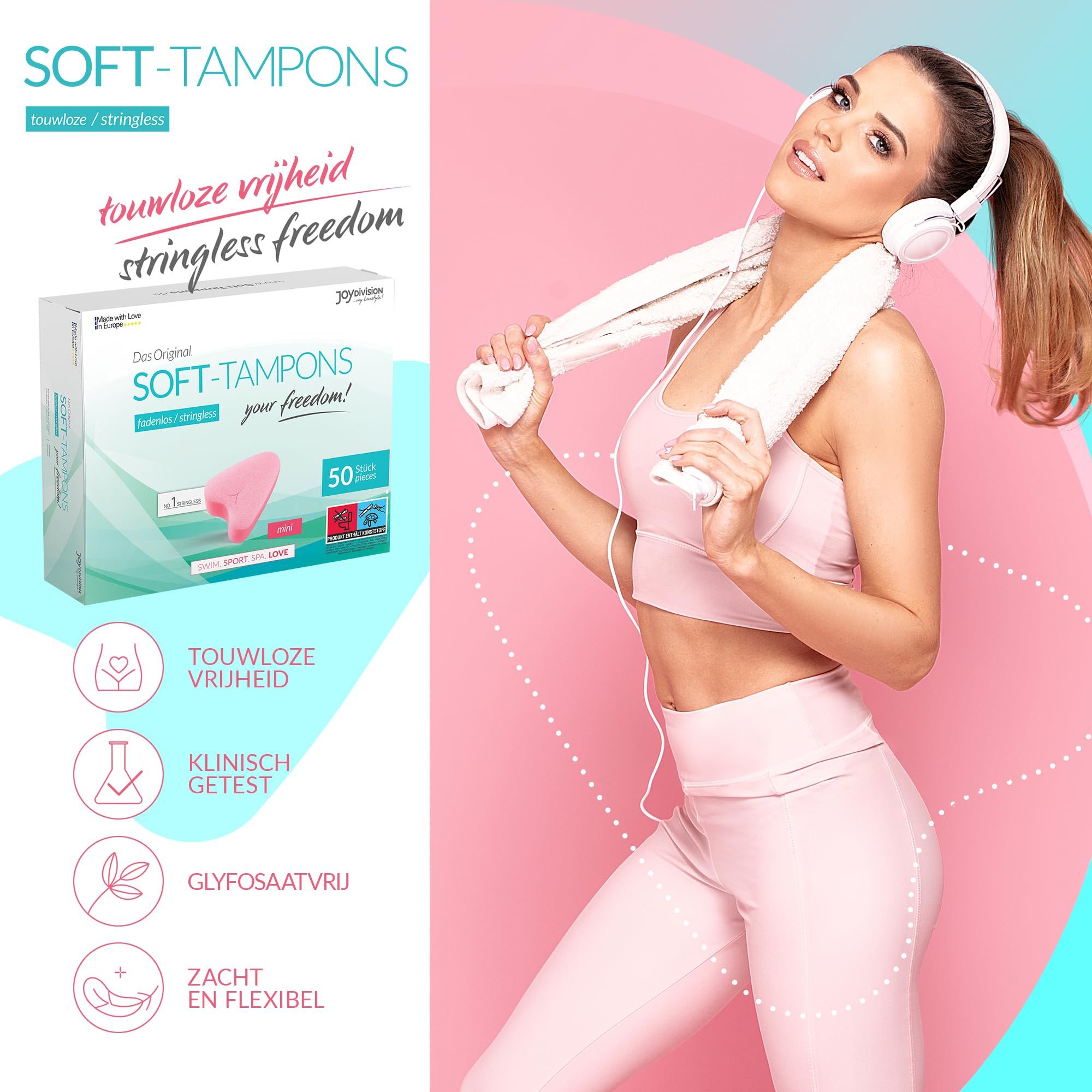 Verpakking Soft Tampons mini, 50 stuks. Een tampon is roze en hartvormig.