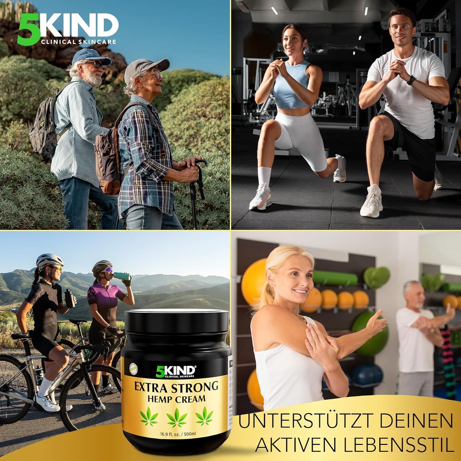 Collage: Oudere wandelaars, fitnessruimte, fietsers, yoga. 5Kind hennepcrème pot prominent geplaatst.