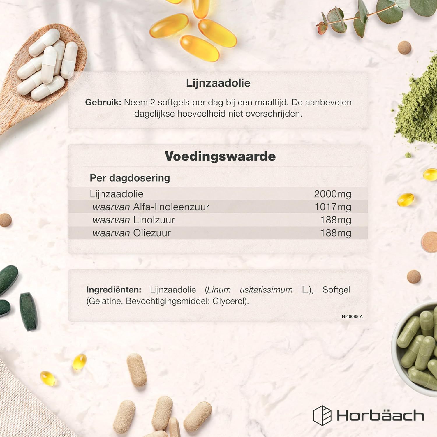 Lijnzaadolie capsules met voedingswaarde en ingrediënten. Bevat gelatine en glycerol.