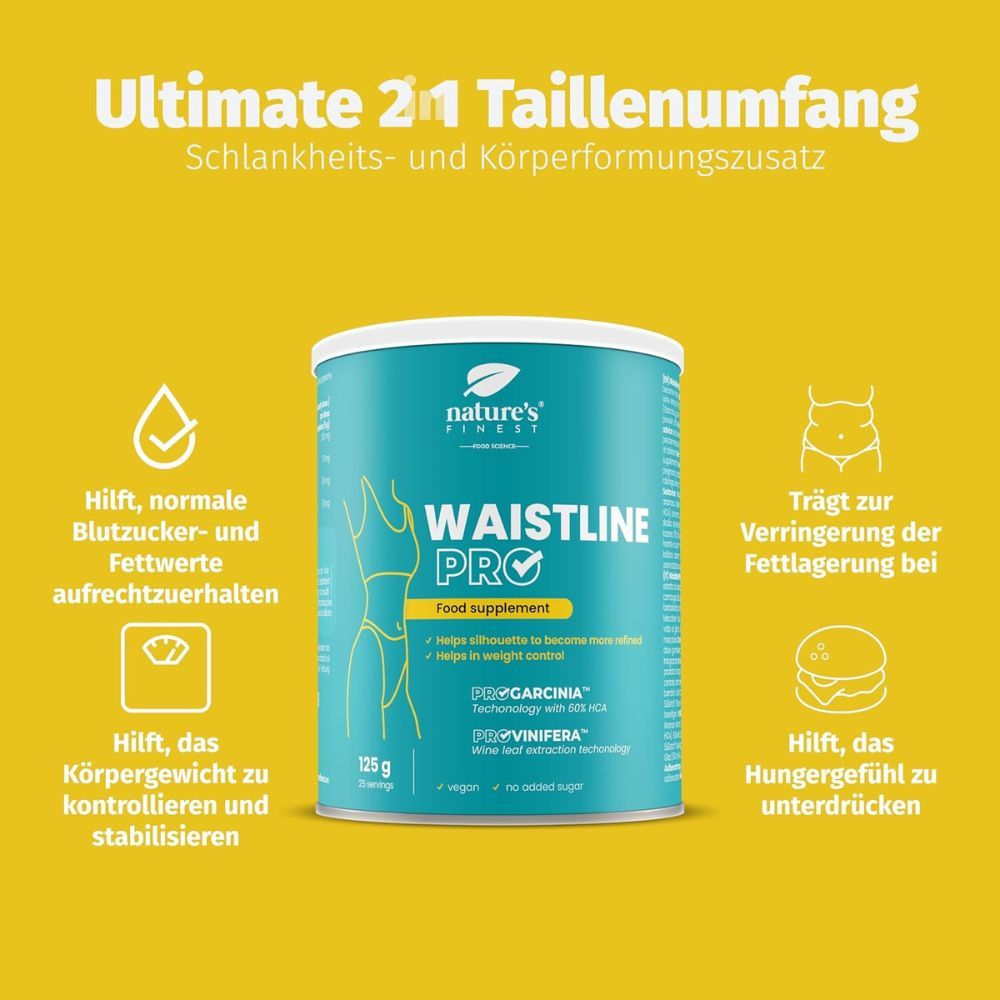 Cilindrische pot "Nature's Finest Waistline Pro". Bevat 125g. Opschrift: "Helpt het lichaamsgewicht te beheersen".