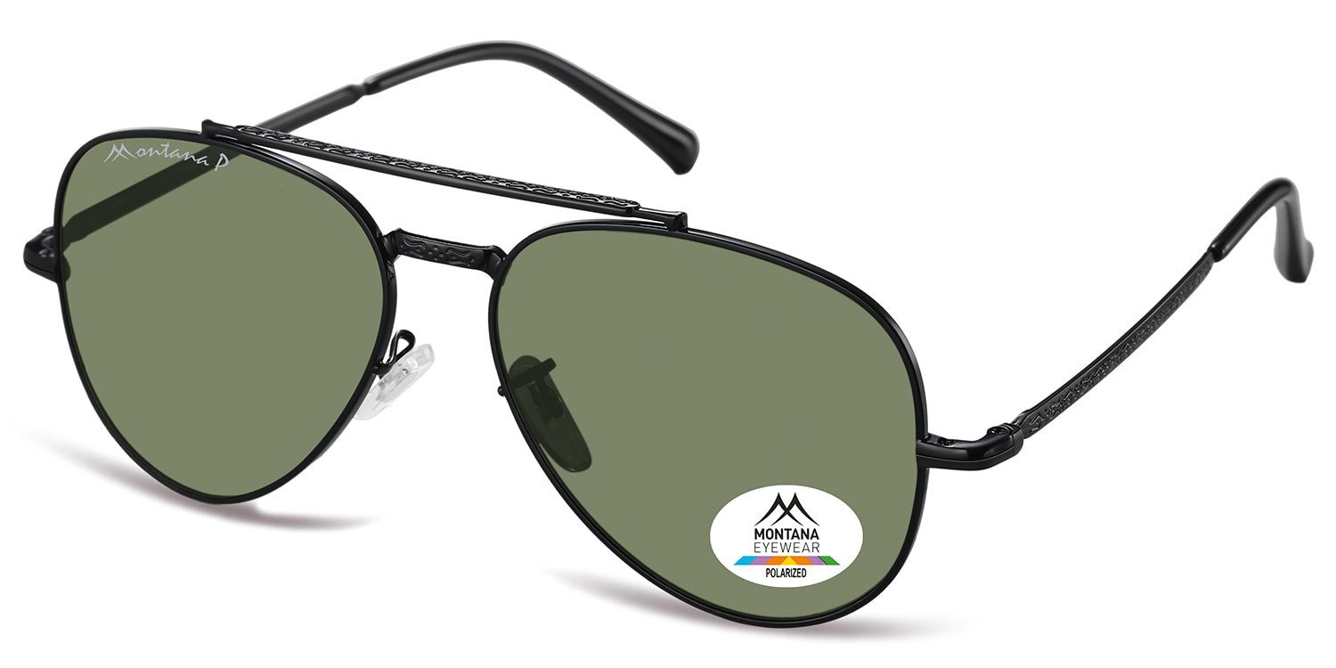 Zwarte zonnebril, aviator model, groene glazen. Montana Eyewear logo en Polarized sticker. Perspectief.