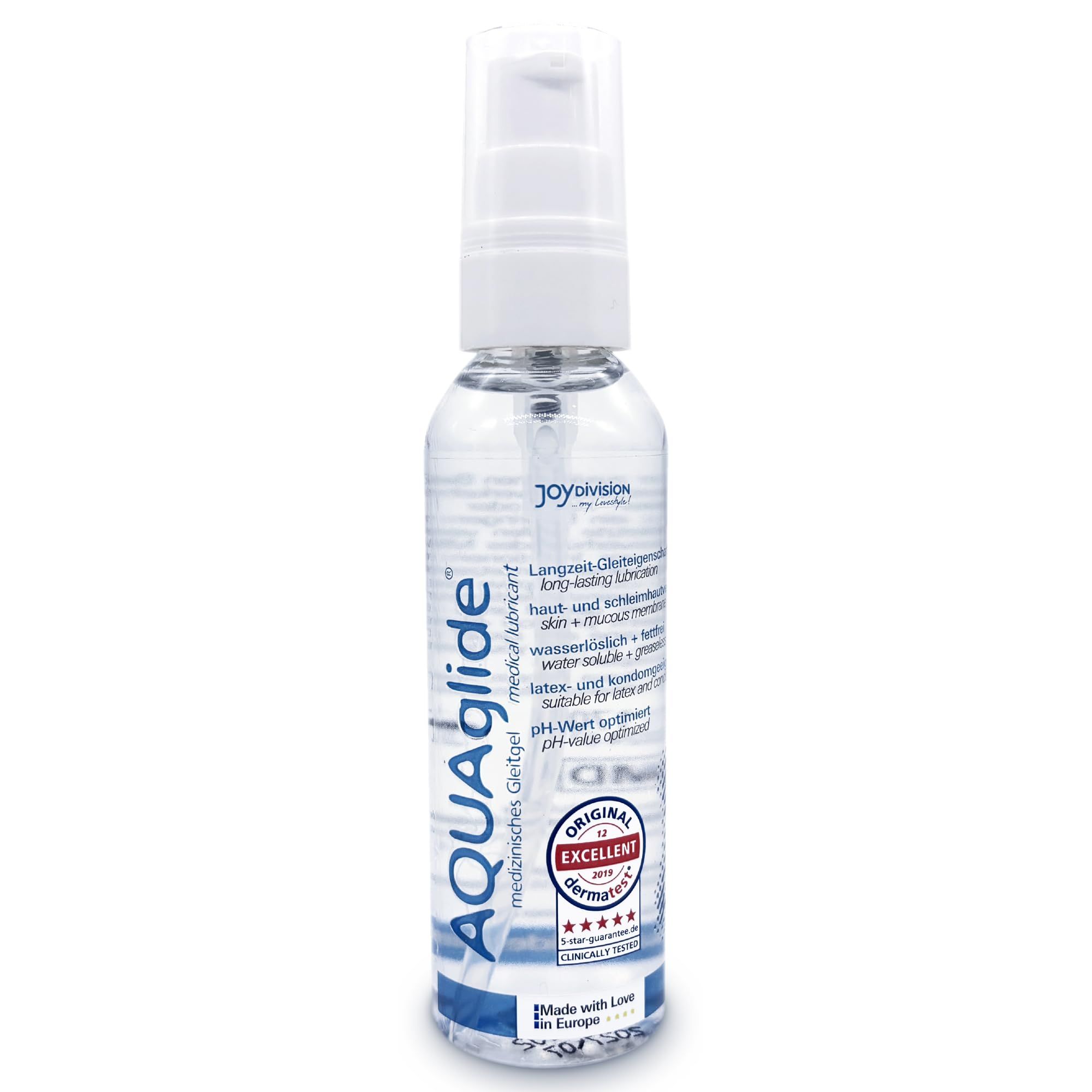 Gel lubrifiant AquaGlide dans une bouteille transparente avec pompe. Testé dermatologiquement.