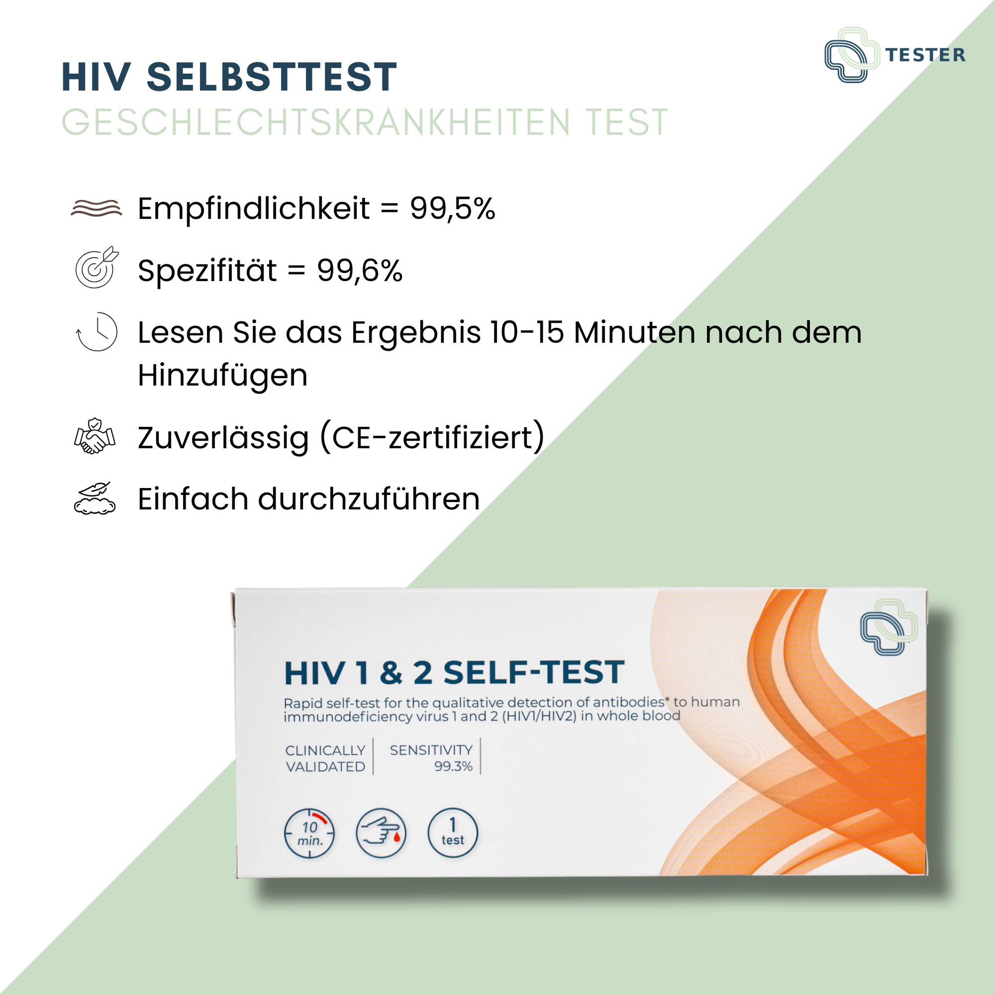 Emballage du produit avec texte : Test VIH 1 & 2. Diagramme avec informations sur la sensibilité et la fiabilité. Certifié CE.