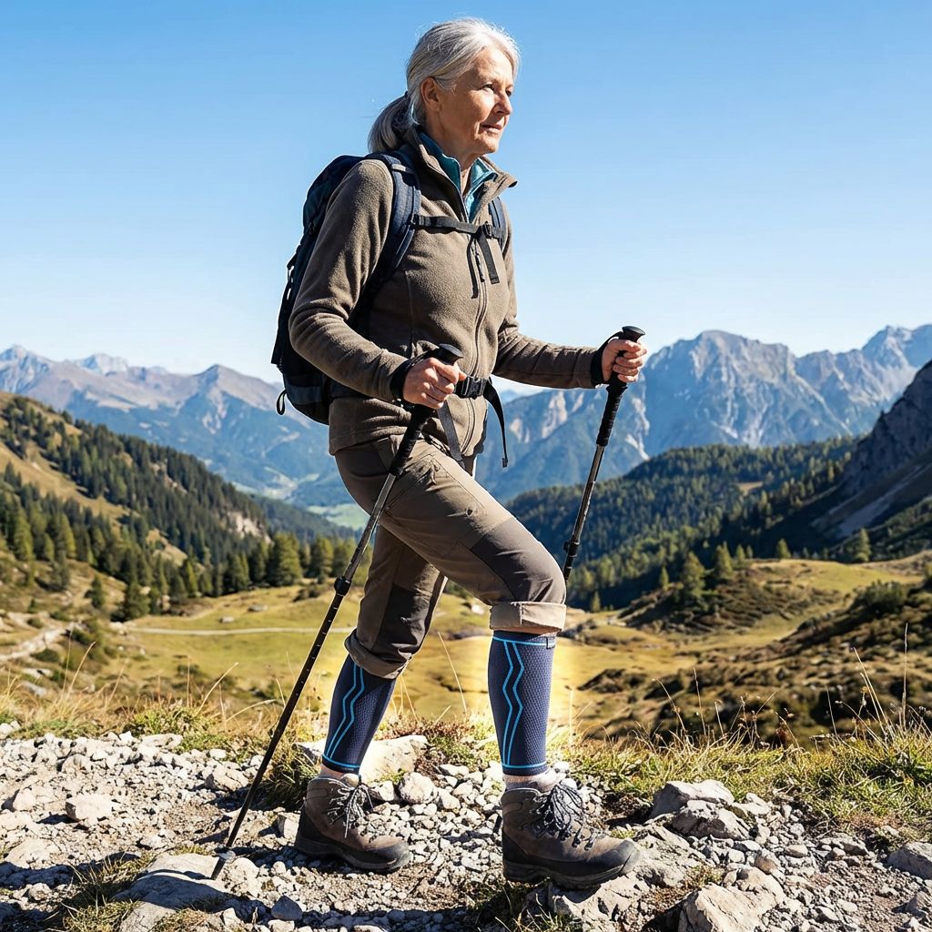 Oudere vrouw wandelt met stokken. Blauwe kuitbanden. Bergen op de achtergrond.