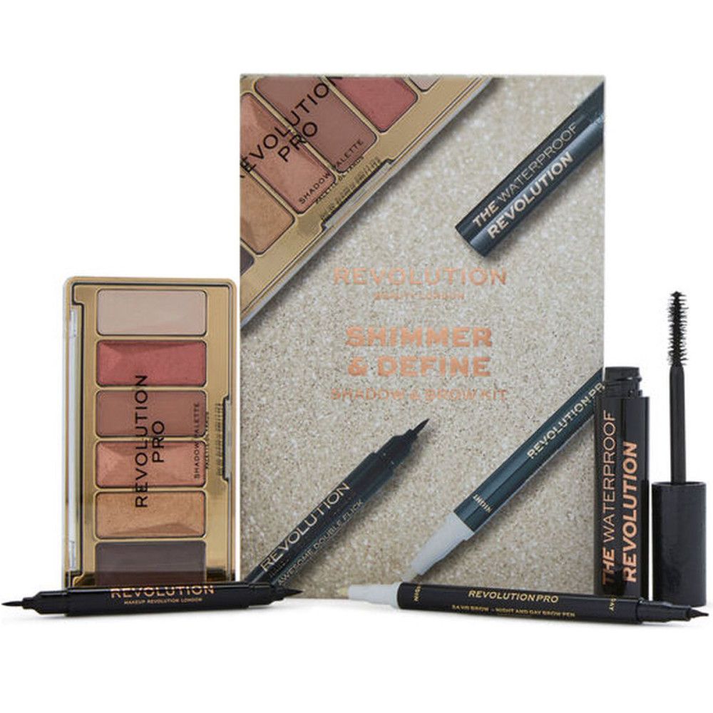 Oogschaduw- en wenkbrauwset. Bevat palette, eyeliner, potlood en mascara. Tekst: Shimmer & Define, Revolution.