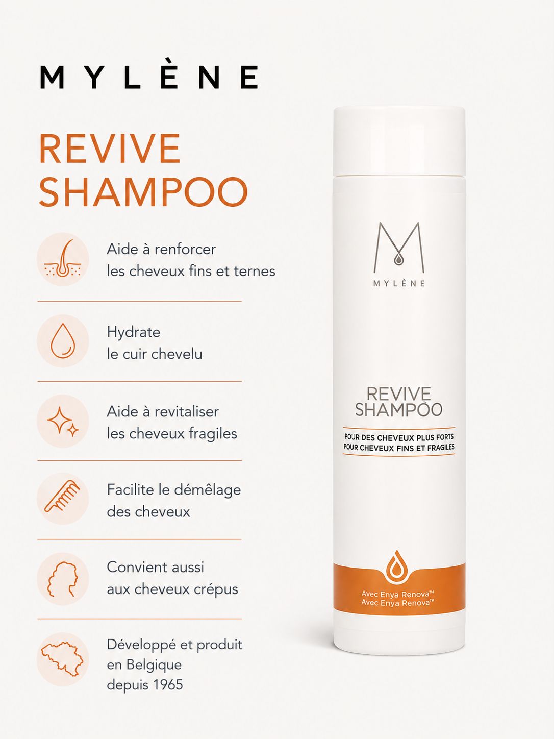 Bouteille de Shampooing Revive Mylène avec description détaillée des avantages.
