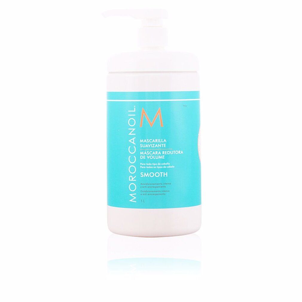 Witte fles met blauw etiket. Opschrift: Moroccanoil, Mascarilla Suavizante, M. Met pomp.
