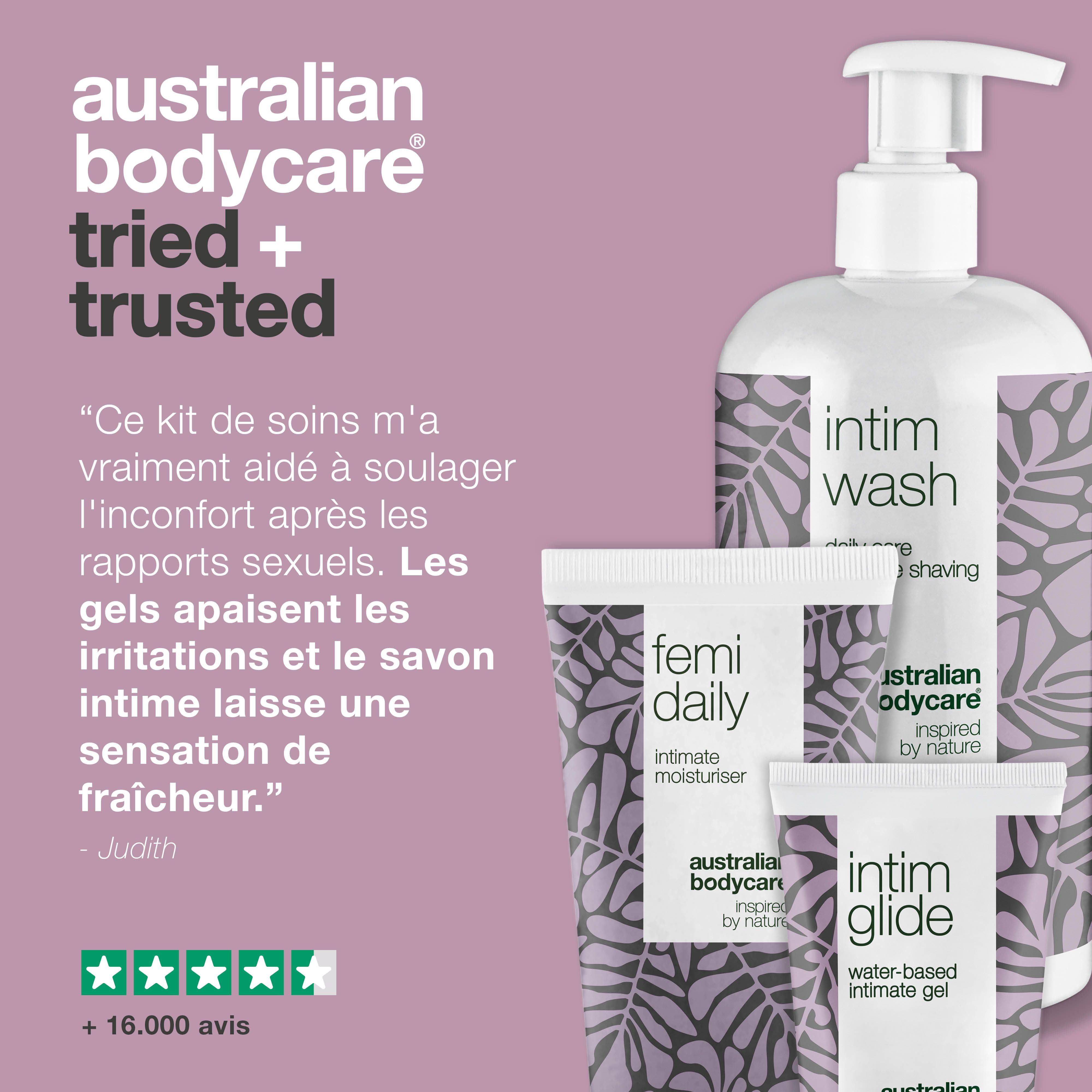 Ensemble de produits : Intim Wash, Femi Daily, Intim Glide. Citation : Aide à la douleur après le sexe. 5 étoiles, +16 000 avis.