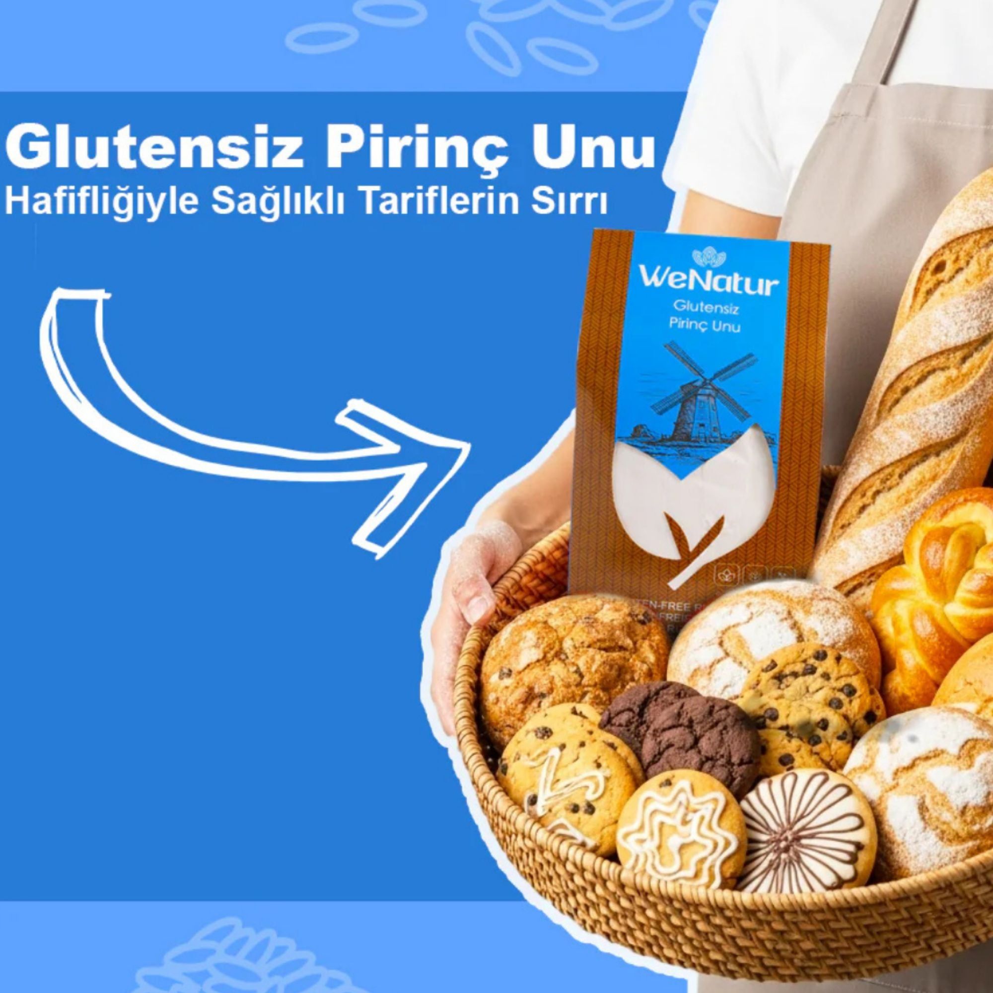 WeNatur glutenvrije rijstmeel in een verpakking, omringd door bakkerijproducten.
