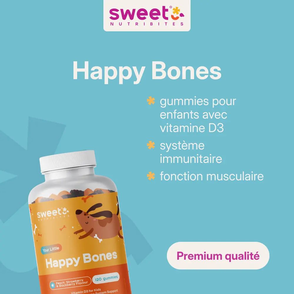 Flacon avec étiquette du produit. Texte : Happy Bones, gommes pour enfants avec vitamine D3, système immunitaire, fonction musculaire. Fond bleu.