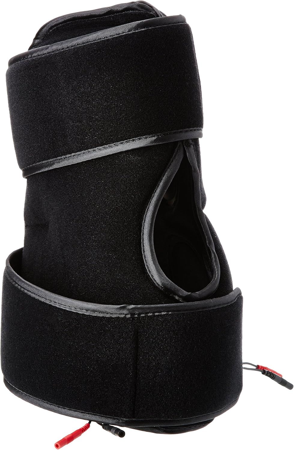 Zwarte kniebrace met klittenbandsluitingen en kabels. Zichtbare opening voor de knieschijf. Zwart materiaal.