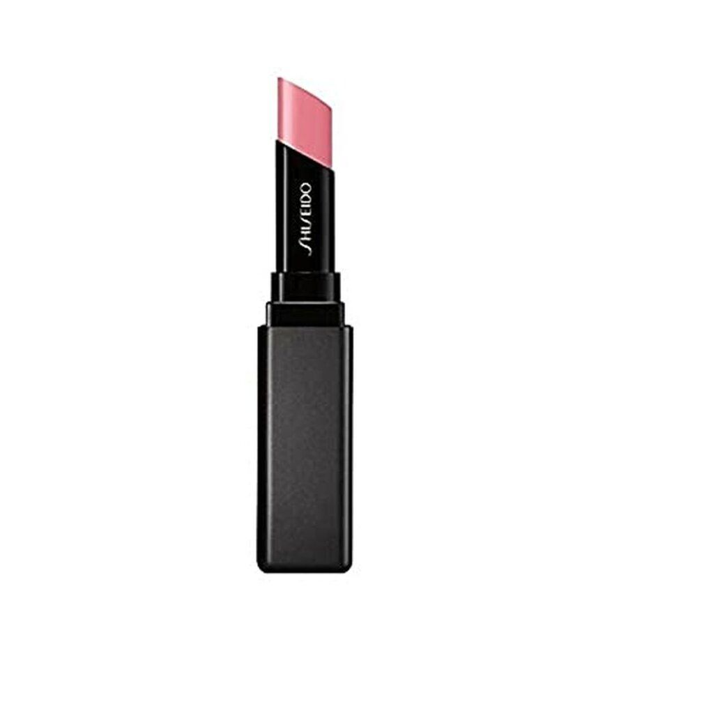 Rouge à lèvres Shiseido ouvert, rose. Boîtier noir. Logo Shiseido visible.