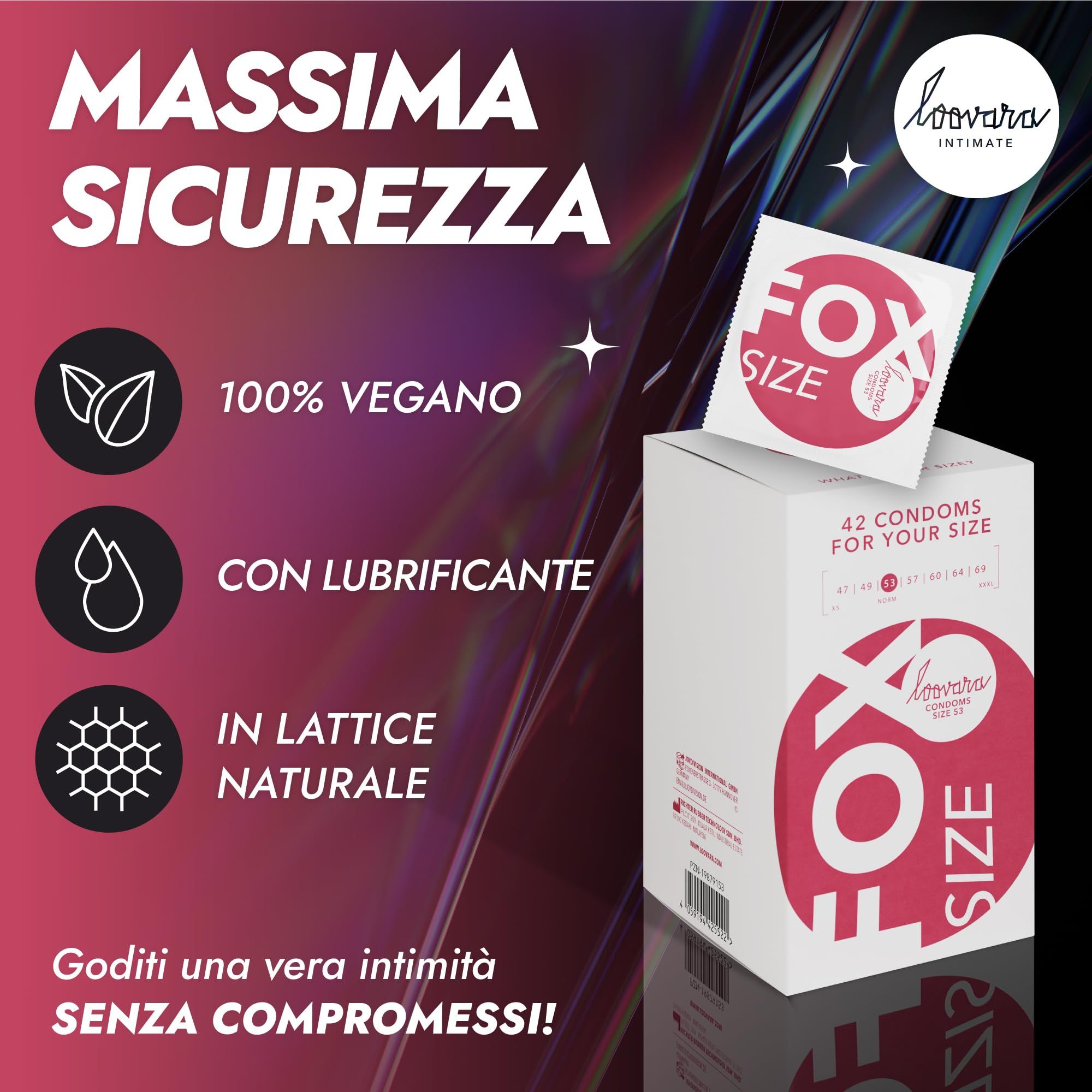 Boîte de 42 préservatifs Loovara, taille 53. Caractéristiques: 100% vegan, avec lubrifiant, caoutchouc naturel.