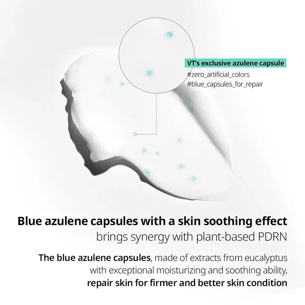 Tube de crème VT Cosmetics PDRN 100 avec bouchon argenté et accent turquoise.