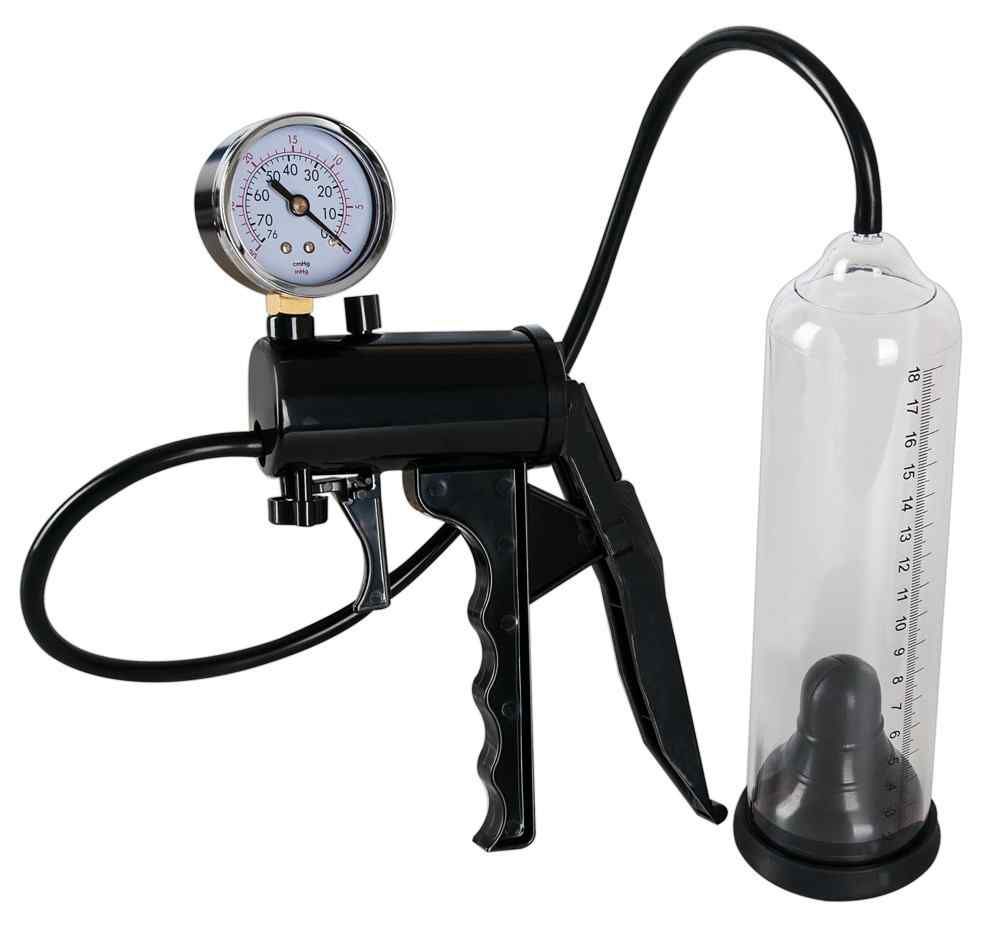 Penispomp met manometer en schaal op de cilinder, van de zijkant gezien.