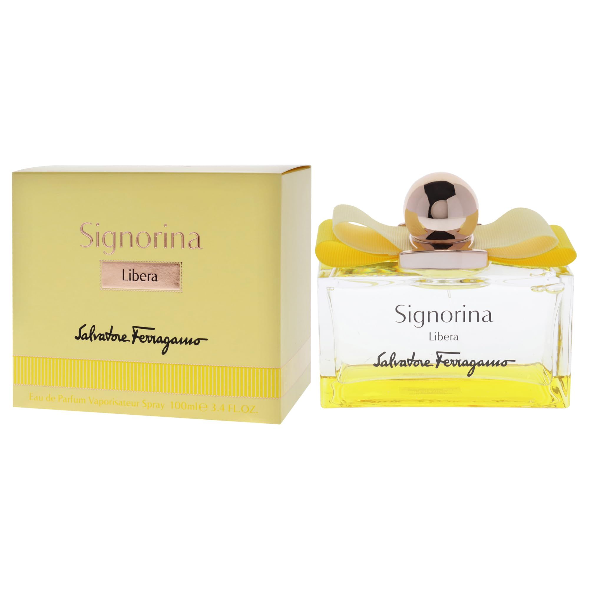 Flacon et emballage Salvatore Ferragamo Signorina Libera. Emballage jaune, flacon rectangulaire avec nœud jaune.