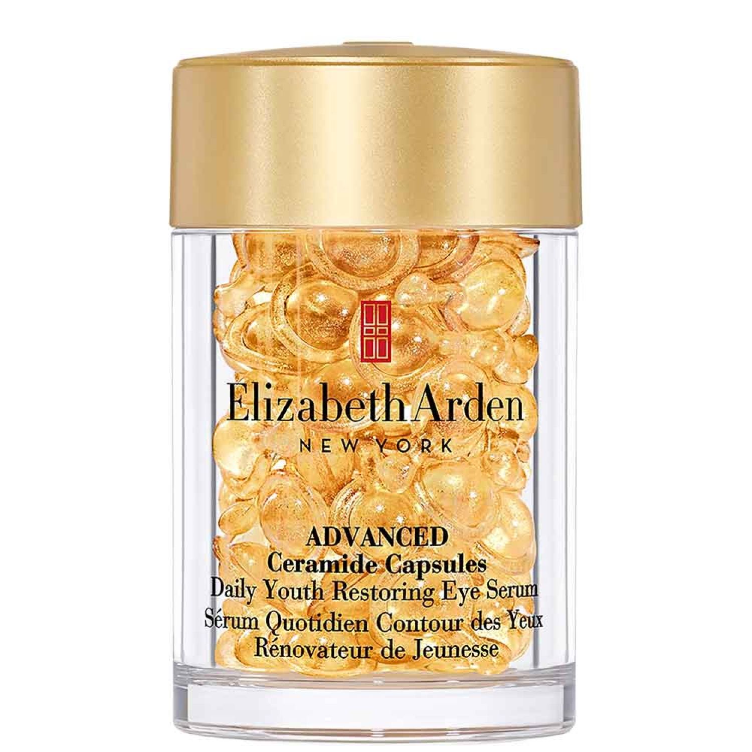 Flacon transparent rempli de capsules dorées. Couvercle doré. Texte: Elizabeth Arden, Advanced Ceramide Capsules.