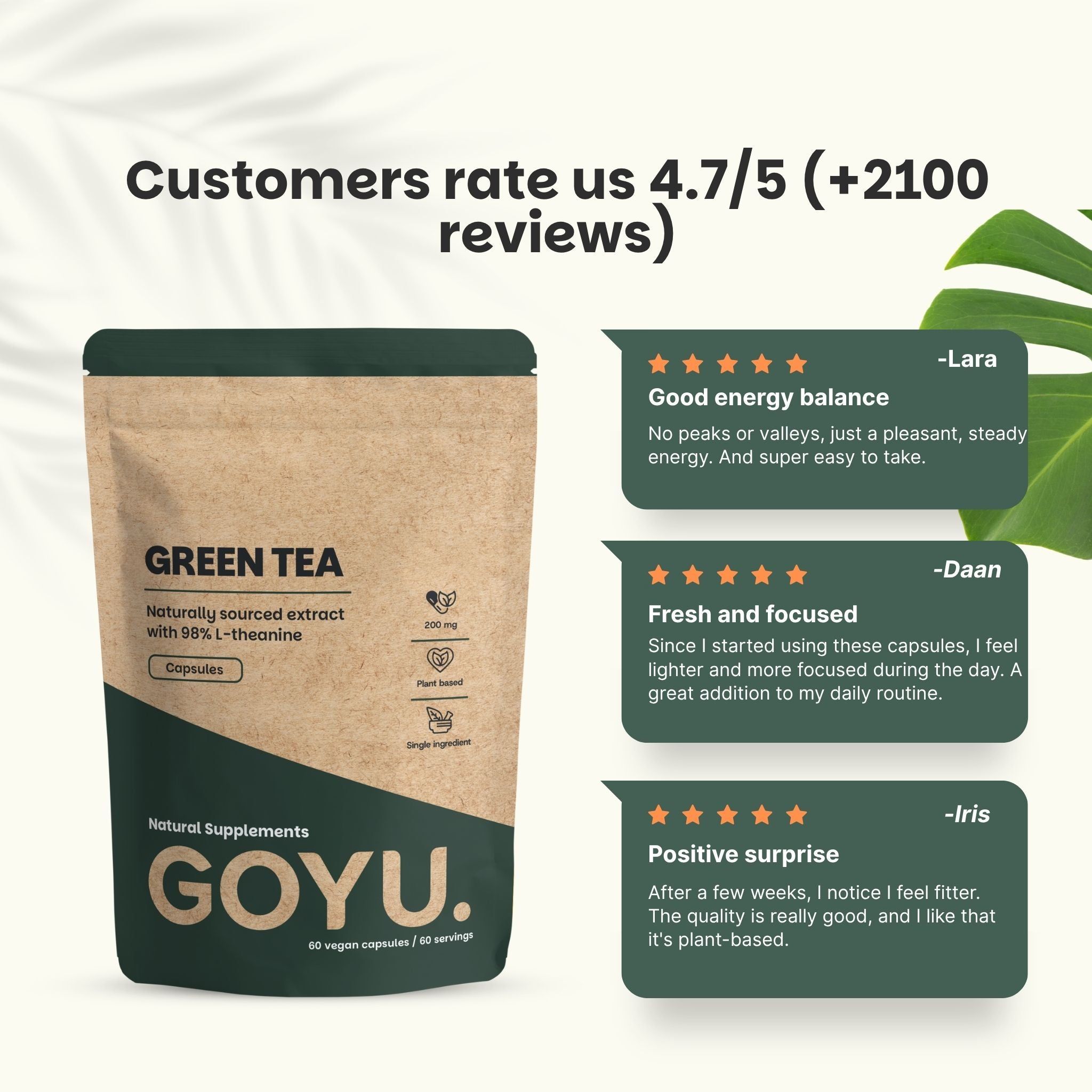 Avis clients pour gélules d'extrait de thé vert. 4,7/5 étoiles. Retours positifs.