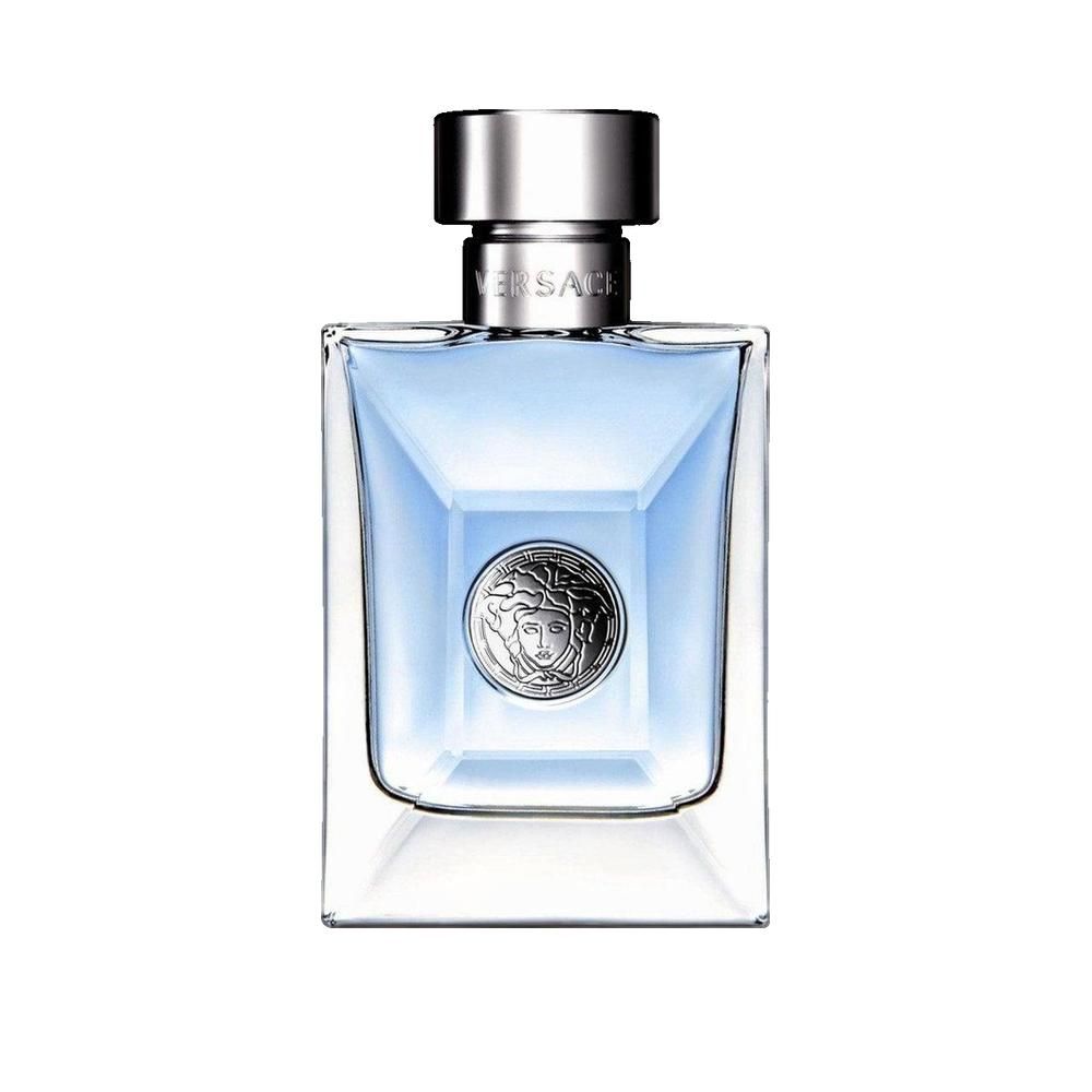 Flacon carré, liquide bleu clair. Bouchon argenté. Logo Méduse sur le devant.