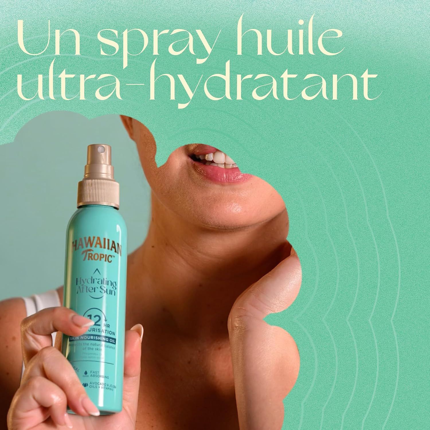 Flacon spray turquoise avec logo Hawaiian Tropic et inscription 'Hydrating After Sun'.