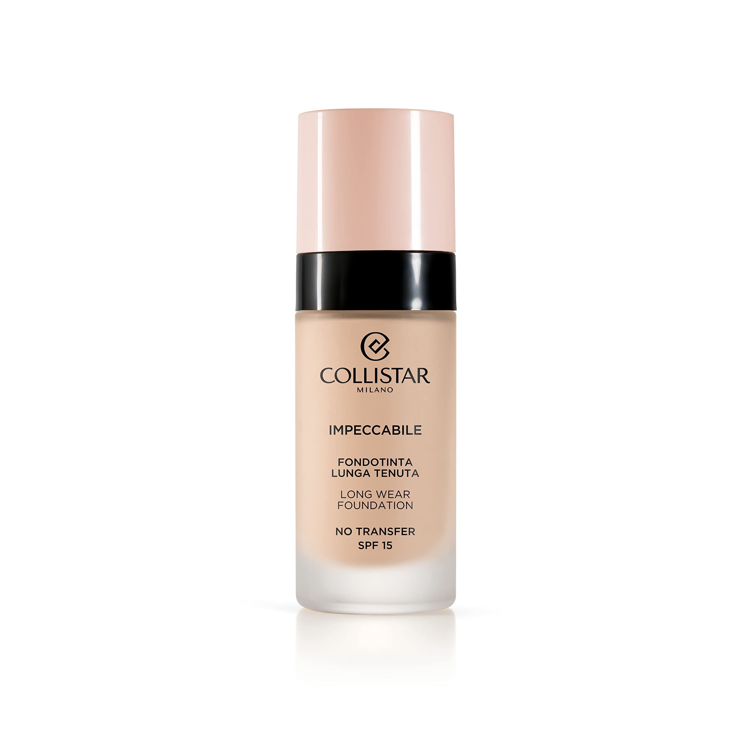 Flesje foundation. Roze dop, zwarte ring, opschrift. "Collistar Milano", "Impeccabile", "Long Wear Foundation". SPF 15.