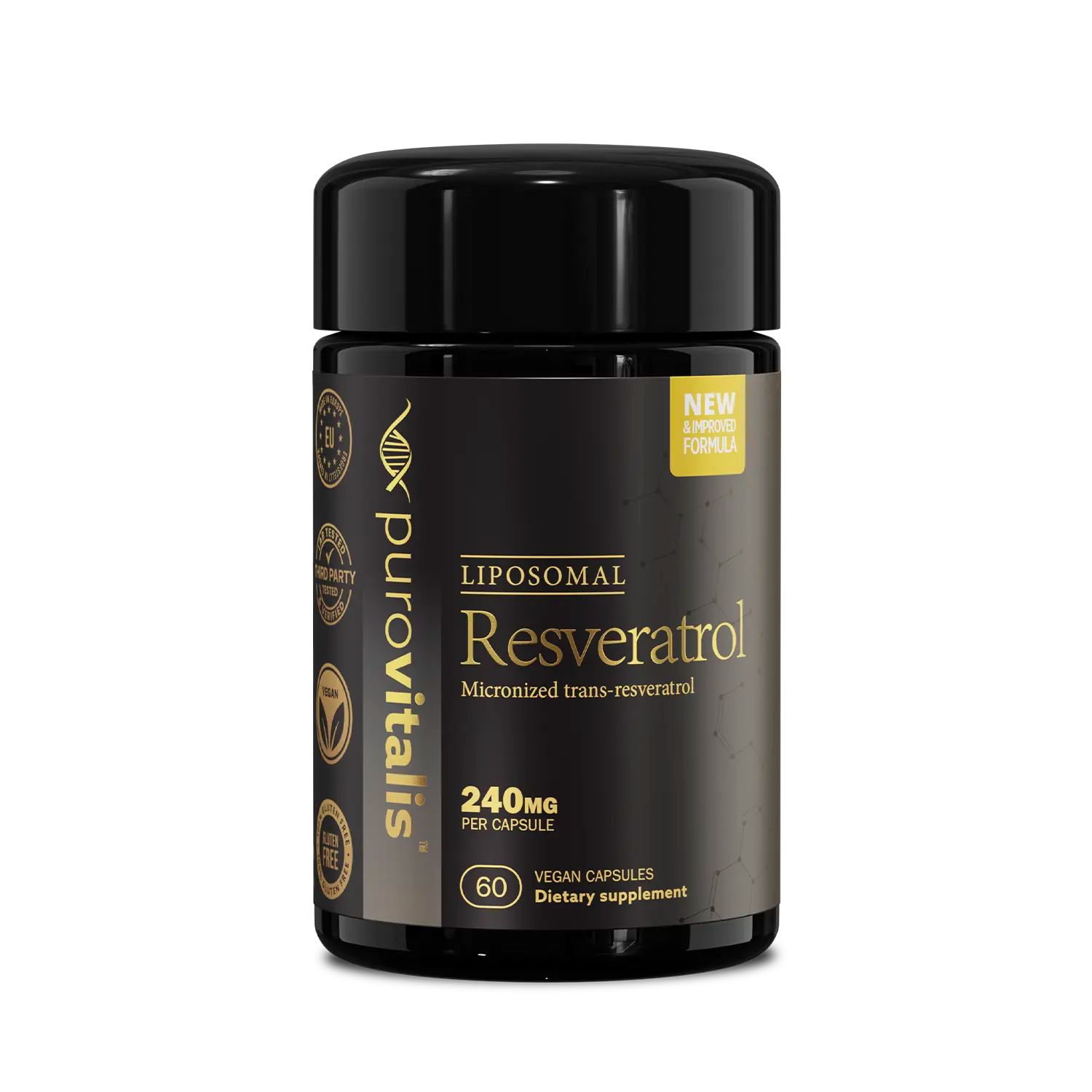 Zwarte fles met "Liposomale Resveratrol" en "240mg per capsule". Vegan label.