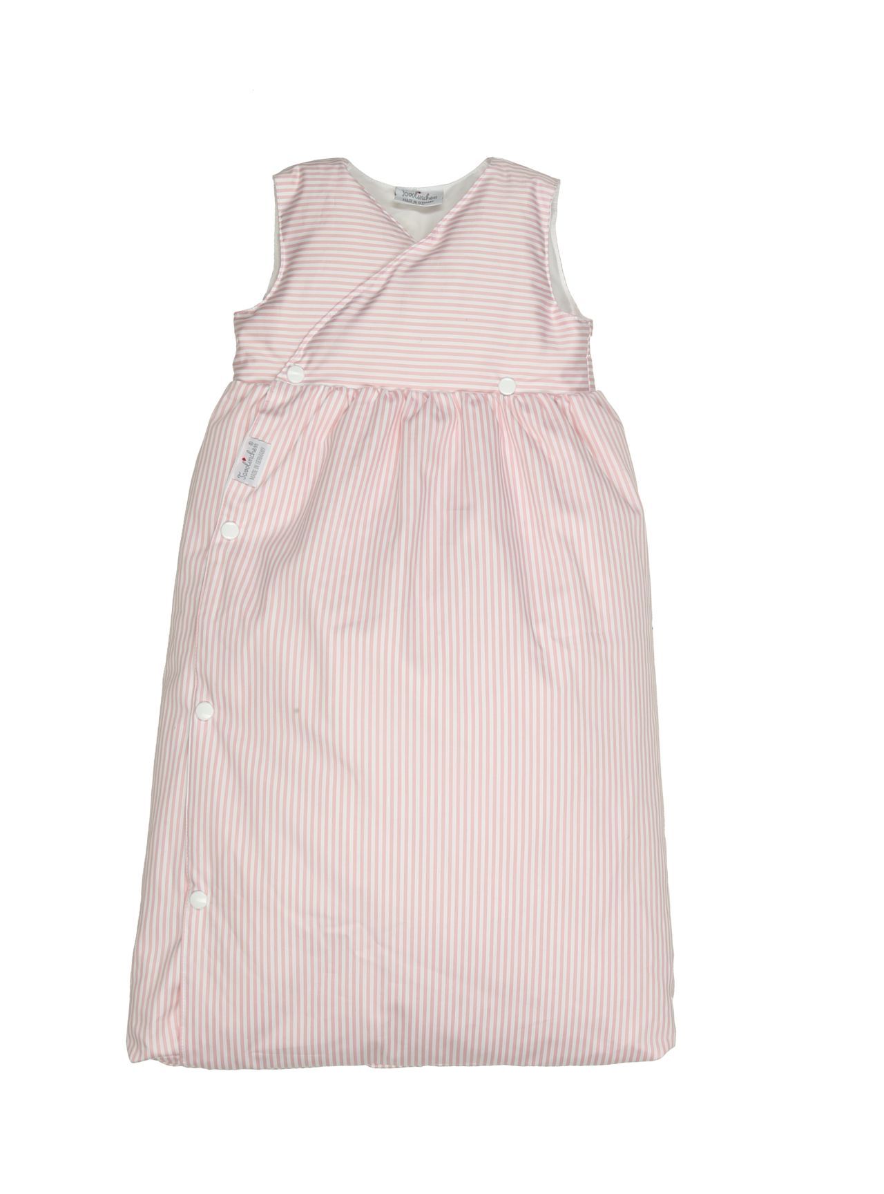 Baby slaapzak met roze strepen. Knopen en overlappende sluiting. Klein logo zichtbaar.