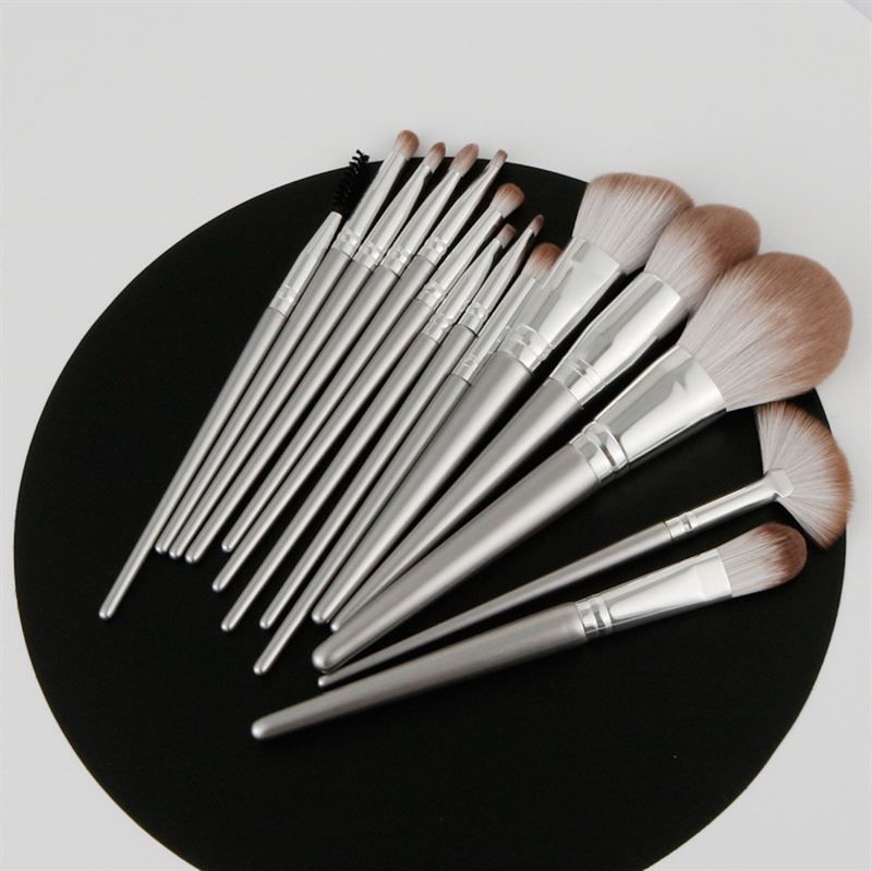 Make-up borstelset op zwarte ondergrond. Verschillende borstelvormen met zilveren handvatten.